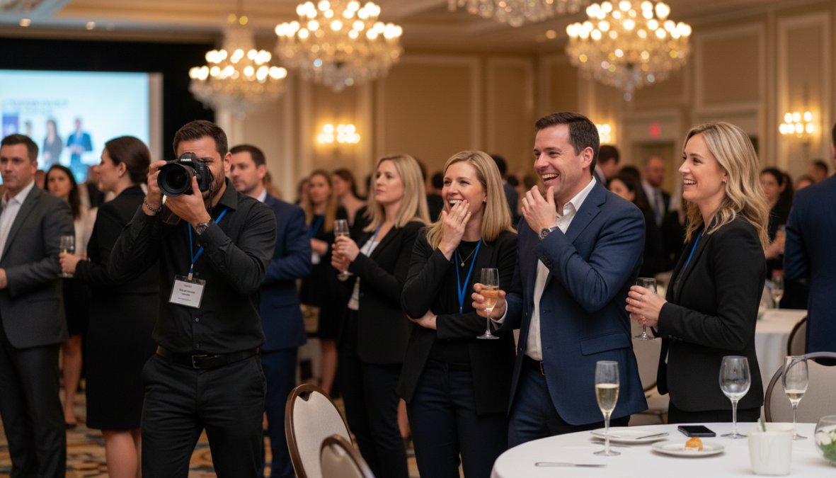 A professional photographer moving quietly through a crowded gala ballroom, camera raised to eye level, capturing a candid laughing exchange between two guests at a warmly lit round table, event centerpieces and ambient chandeliers visible in the background