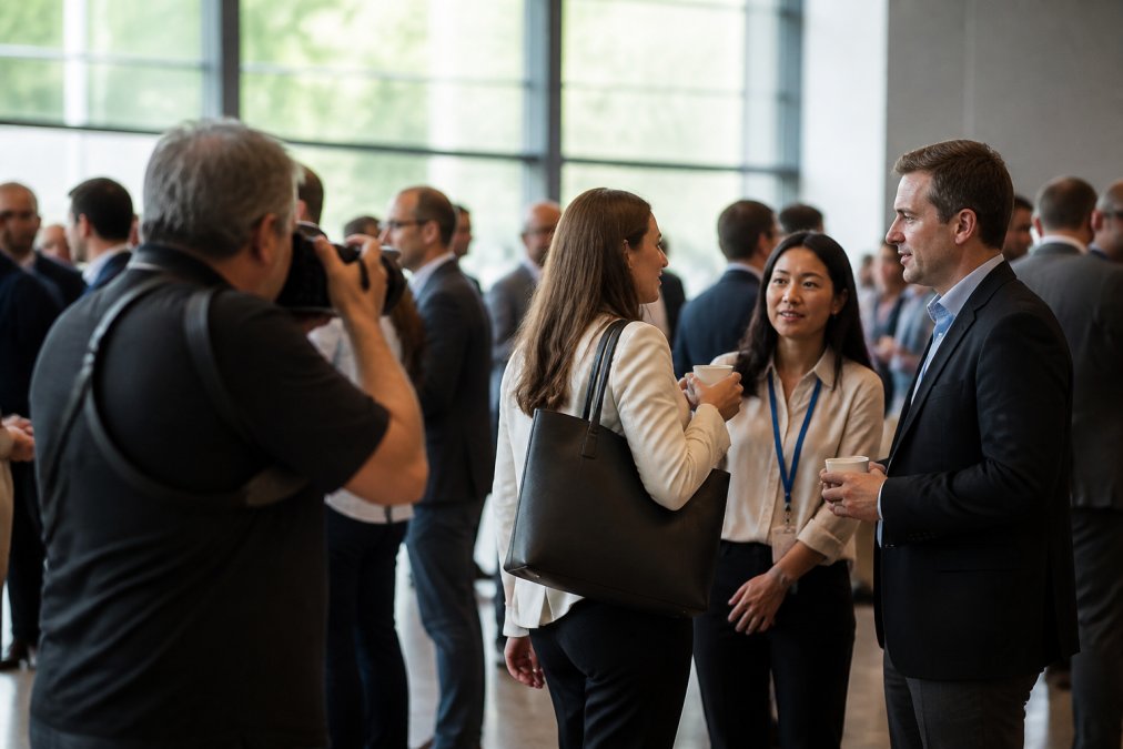 Professional photographer capturing candid moments at a corporate conference with attendees engaged in conversation and networking, natural lighting from large windows