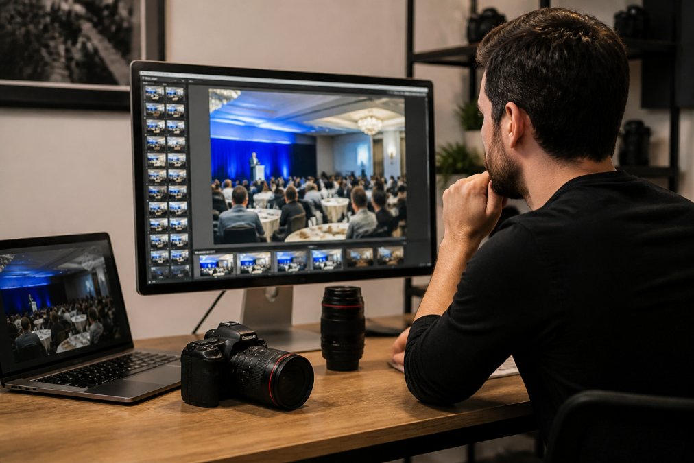 Photographer reviewing and selecting images on a professional monitor in a modern workspace with color-corrected photos visible, soft studio lighting
