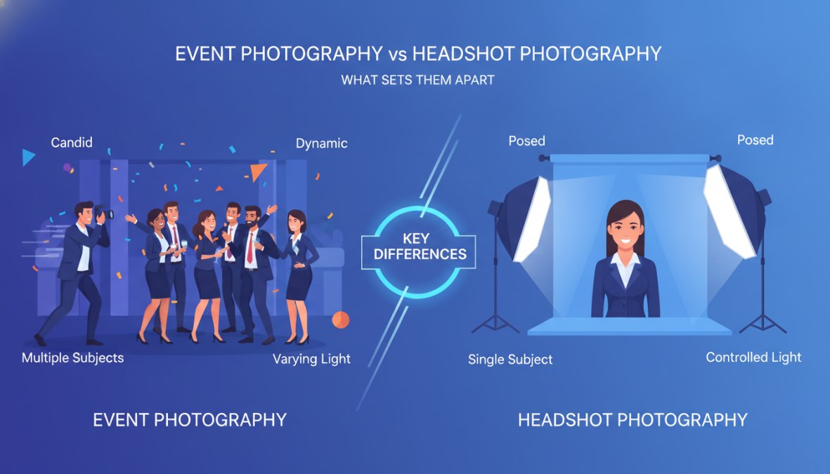 A corporate gala in full swing on the left side, with a photographer crouching to capture candid moments between guests in elegant attire under warm ambient lighting, contrasted on the right with a business professional in a tailored suit seated confidently before a seamless grey studio backdrop under softbox lighting