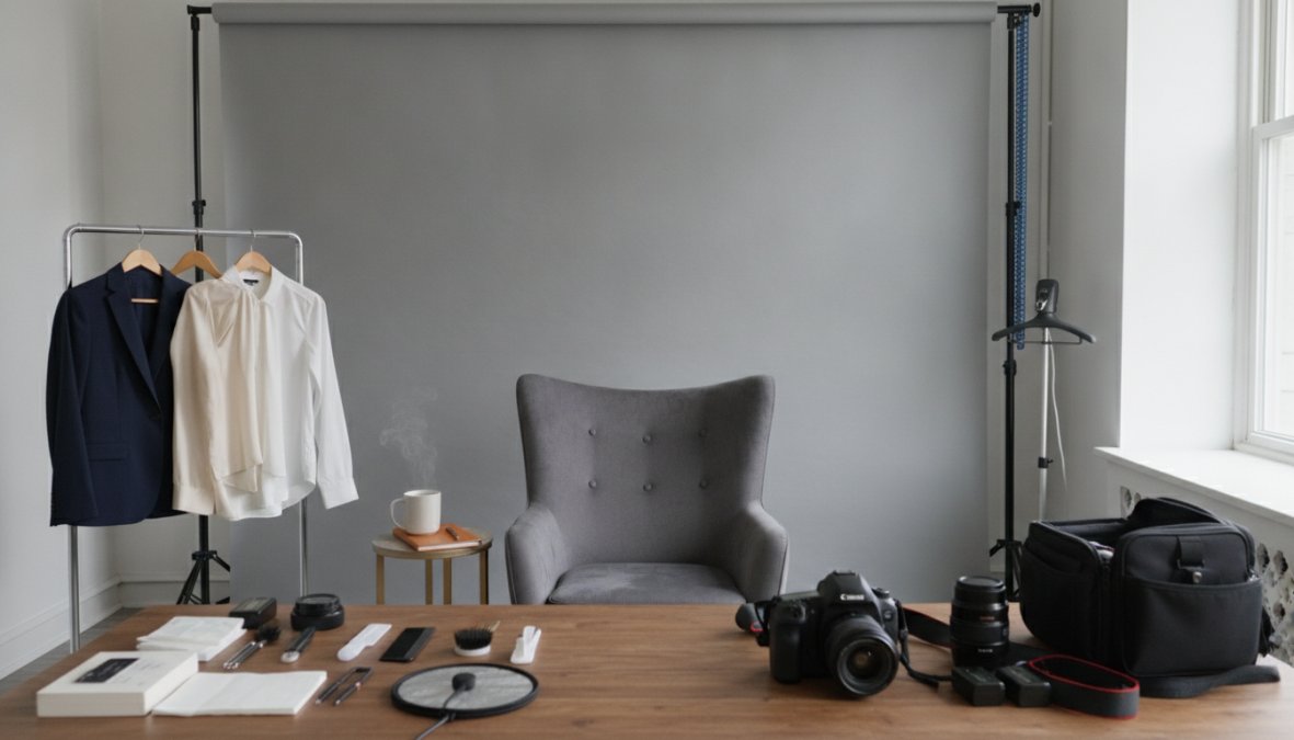 A well-dressed business professional in a charcoal blazer seated upright on a posing stool before a smooth grey seamless paper backdrop, bathed in soft directional light from a large octabox, while a photographer's hand is visible at the edge of the frame adjusting a reflector