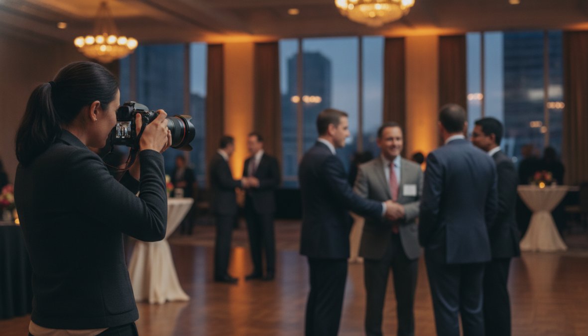 A professional photographer crouching at the edge of a corporate conference stage, capturing a speaker addressing a packed audience under warm amber stage lighting, with attendees in business attire visible in the background