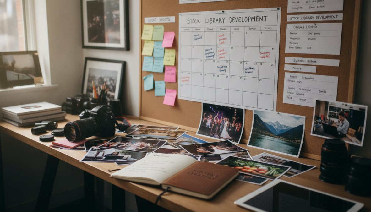 A marketing professional seated at a large widescreen desktop monitor in a bright modern office, reviewing a split-screen layout showing event photographs on one side and stock images on the other, with a printed content calendar pinned to the wall behind them