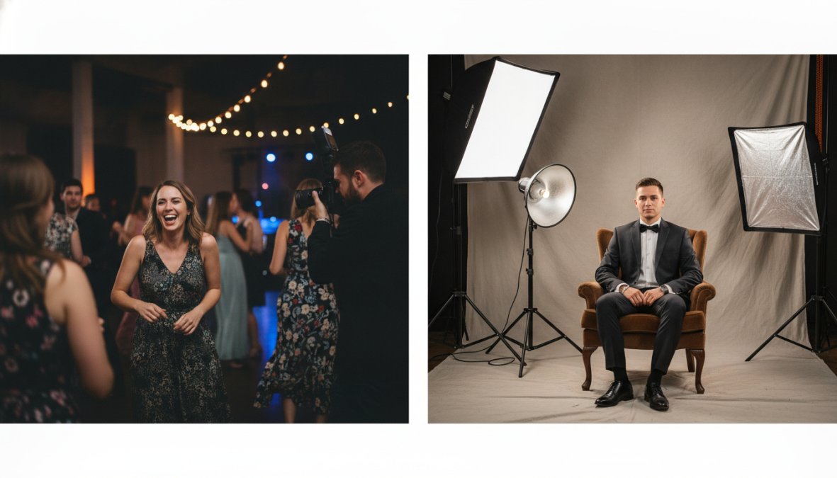 A professional [event photographer](/how-to-hire-event-photographer/) crouching low at a corporate gala, capturing candid laughter between two executives at a dinner table, warm ambient lighting from chandeliers, while in the background a softbox-lit studio portrait session is staged against a clean white backdrop