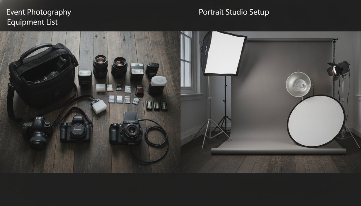 A professional event photographer's gear laid out flat on a dark textured surface shot from directly above: two Canon camera bodies, three prime lenses, two external flash units, a collection of memory cards, extra batteries, and a black camera bag