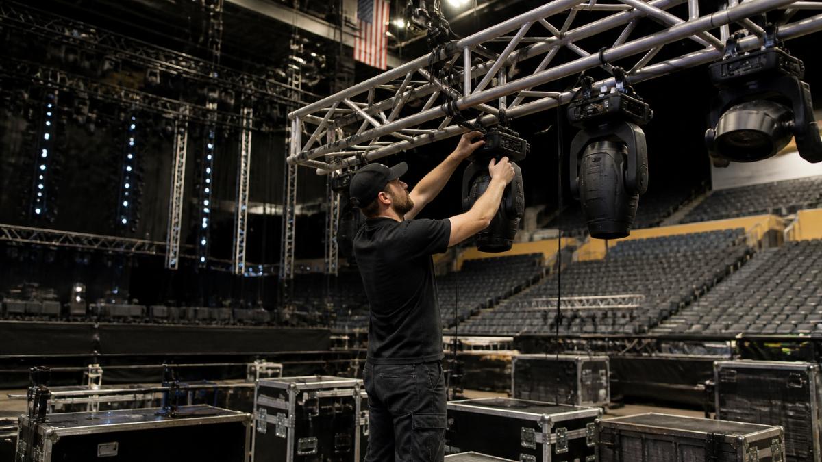 A stage lighting rig being set up inside a large Chicago concert venue, with truss-mounted fixtures and a technician adjusting a moving head light before doors open