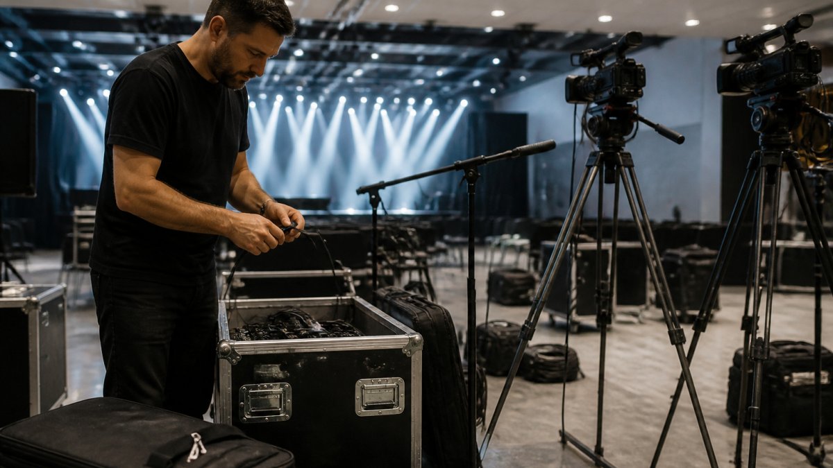 Technician setting up cameras and audio gear for event production services vs DIY streaming at a live venue