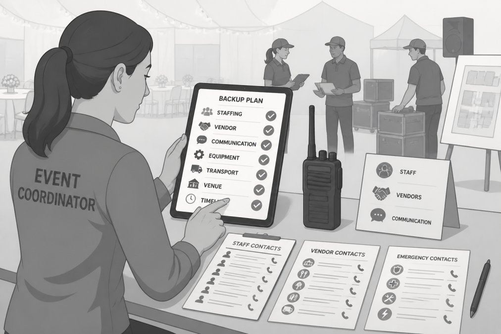 Event coordinator reviewing detailed backup plan checklist on tablet with walkie-talkie and contact sheets spread across table, team members visible in background