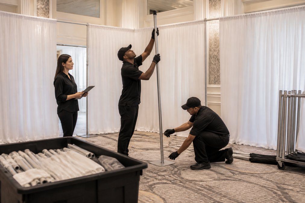 Professional crew in matching uniforms carefully positioning white pipe and drape framework at an elegant ballroom venue, measuring and adjusting height with precision while event coordinator watches