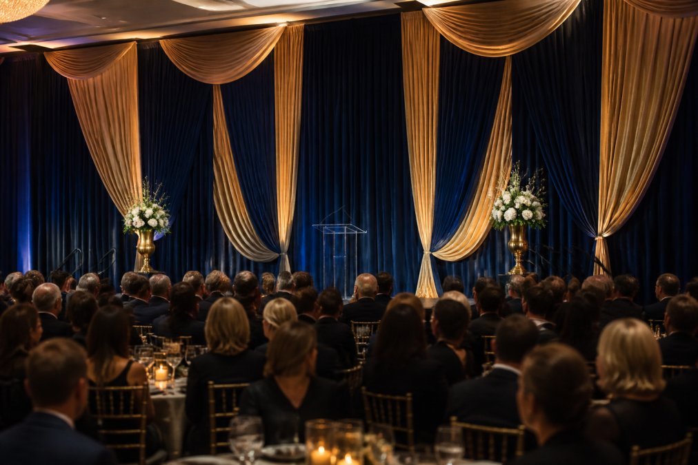 Sophisticated stage design featuring navy and gold draping for an event transformation corporate gala.