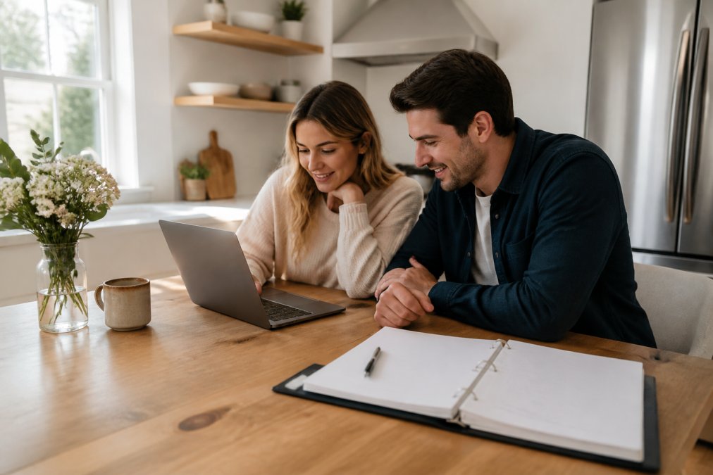 A couple reviewing wedding plans on a laptop at a bright kitchen table, with a notebook and coffee nearby, showing a clean digital planning interface on screen