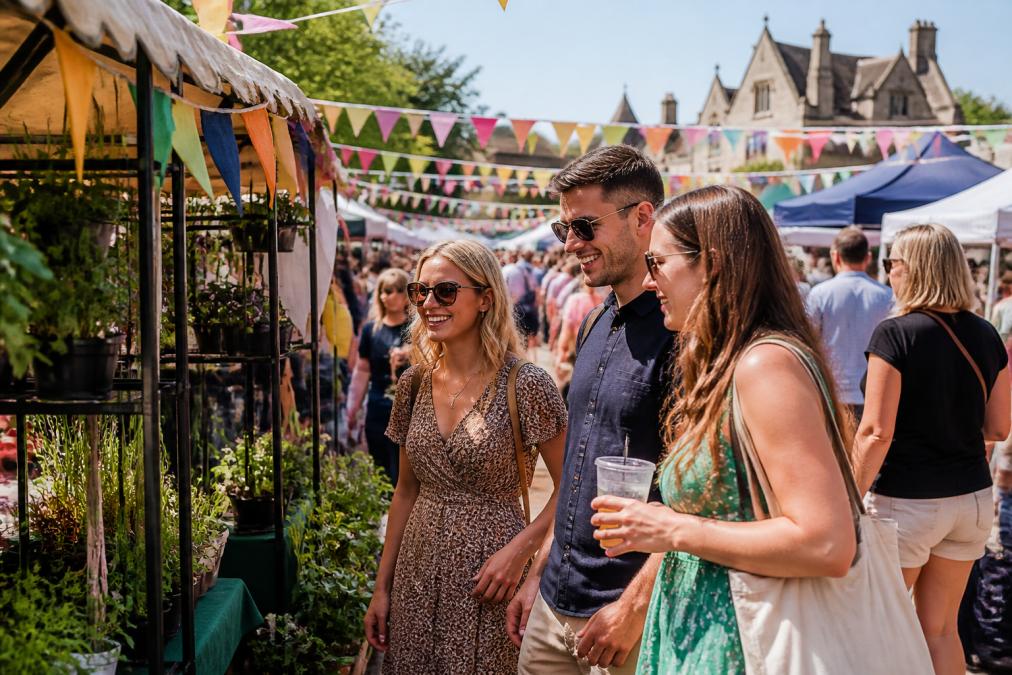 A group of people at a vibrant community outdoor event, smiling and browsing market stalls, with colourful bunting and a local town backdrop visible on a sunny afternoon