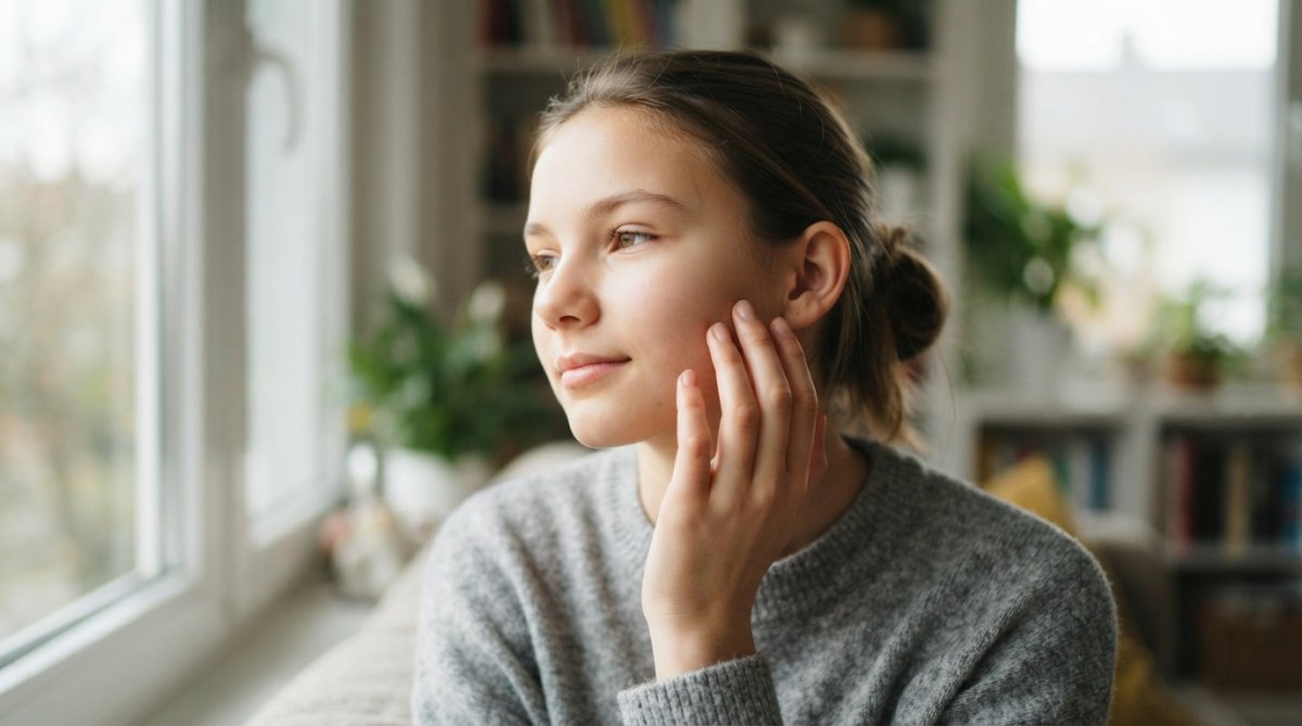Close-up of a teenage girl with clear skin gently touching her cheek, soft natural light through a window, calm expression