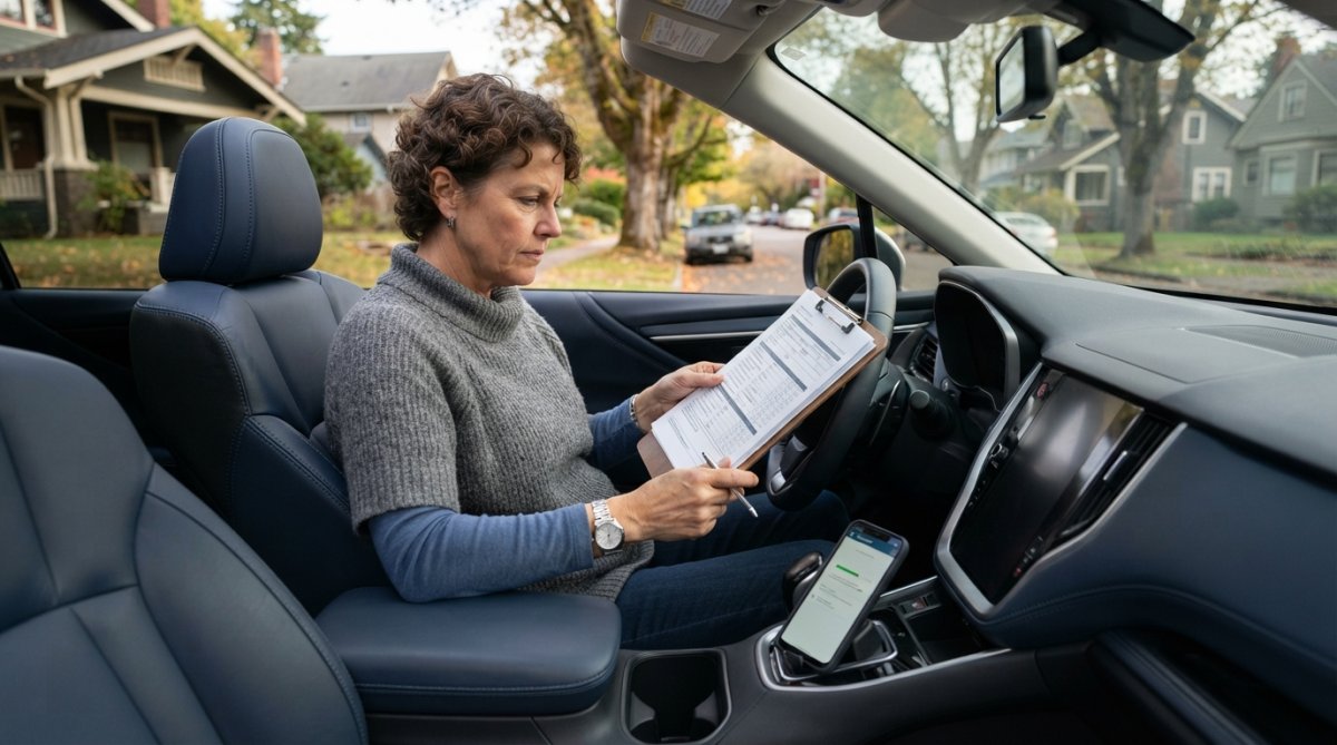 A driver sitting in a parked car in a residential Everett neighborhood, reviewing insurance paperwork on a clipboard while a smartphone showing a policy app rests on the center console