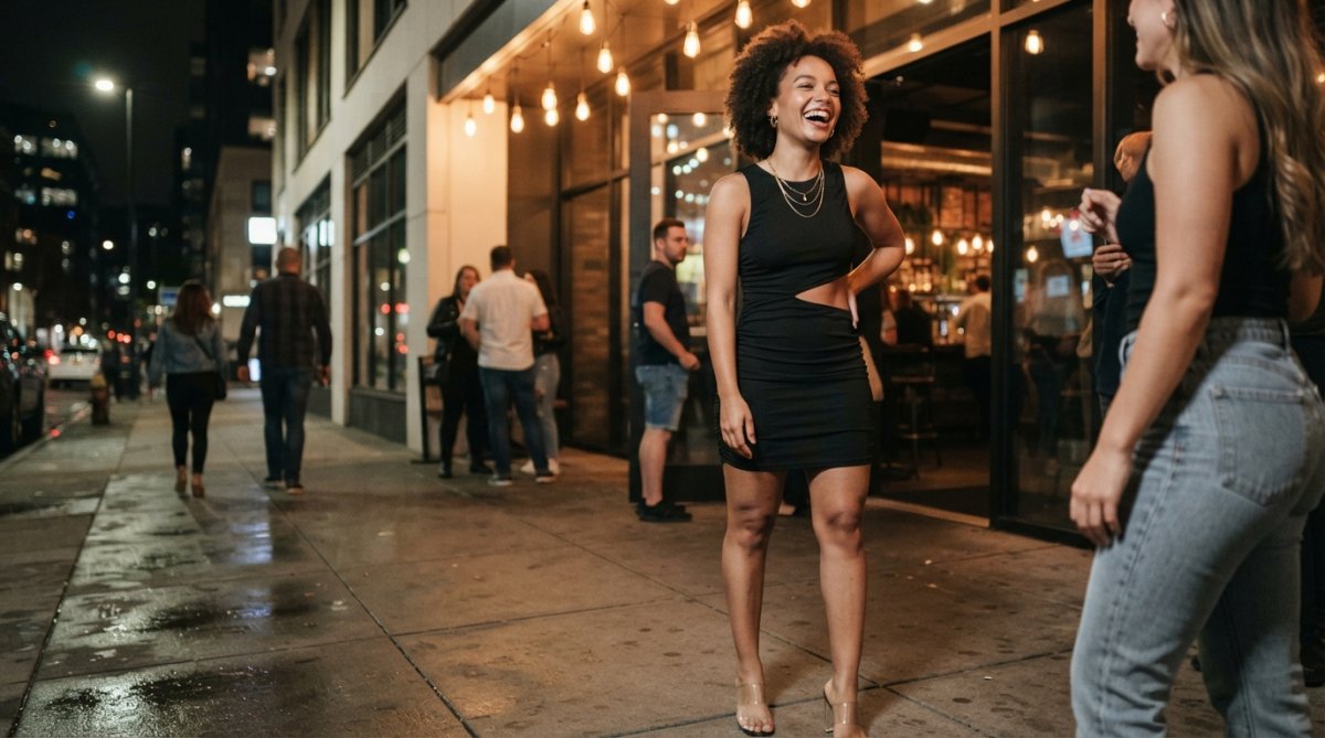 Confident woman wearing a fitted bodycon mini dress with dramatic side cut-out details, standing in front of a modern venue entrance at night, styled with clear heels and layered gold jewelry, under warm ambient lighting