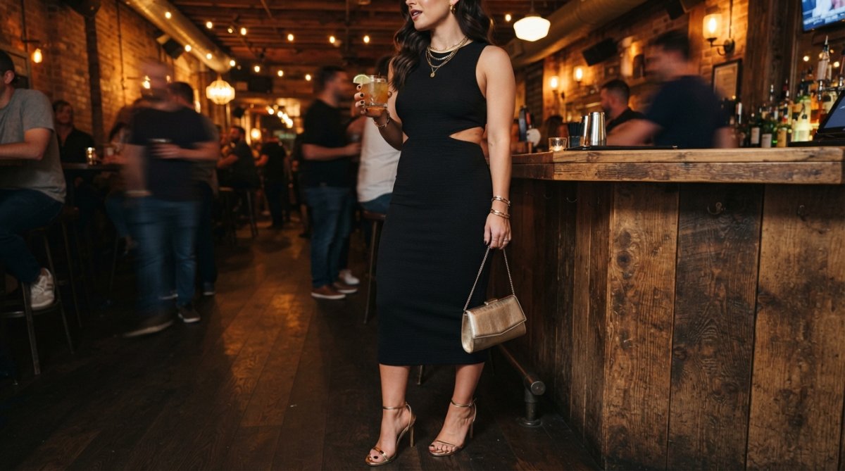 Close-up of a woman's complete night-out outfit showing a fitted midi dress with cut-out details paired with strappy metallic heels, a structured mini clutch, and layered gold chain jewelry, photographed in warm indoor lighting