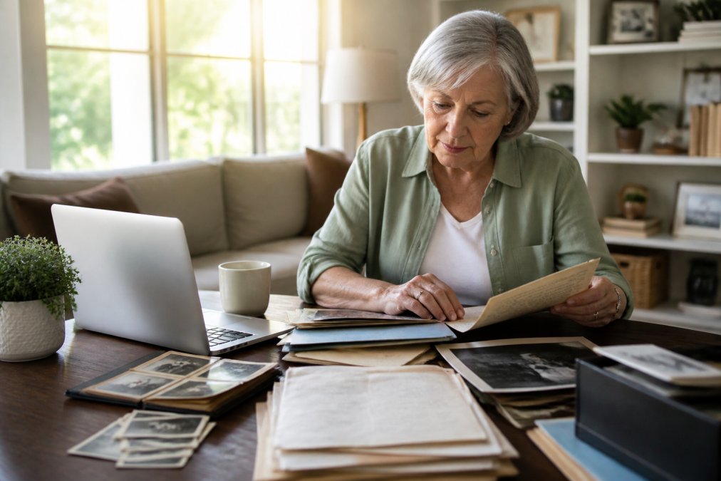 Older adult sitting at a desk with family photos, documents, and a laptop, organizing papers with a thoughtful expression, natural afternoon light streaming through a window