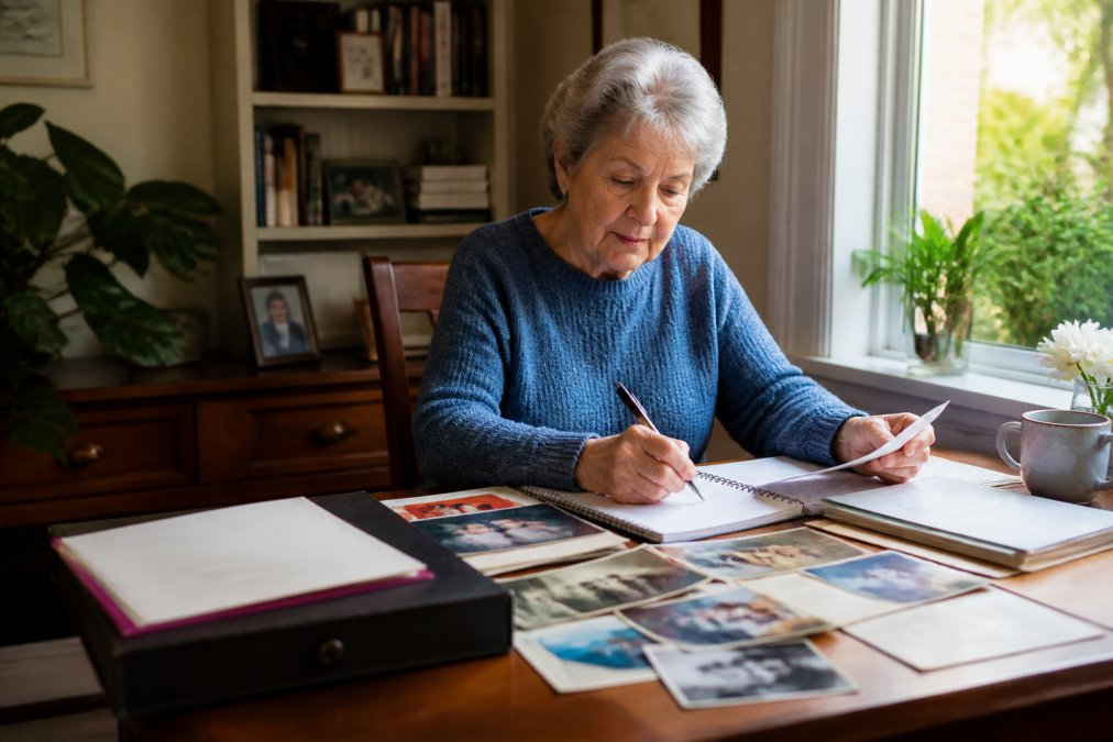 Older adult sitting at a desk with a laptop, thoughtfully reviewing personal documents and family photos while writing their legacy story, warm natural light streaming through a window