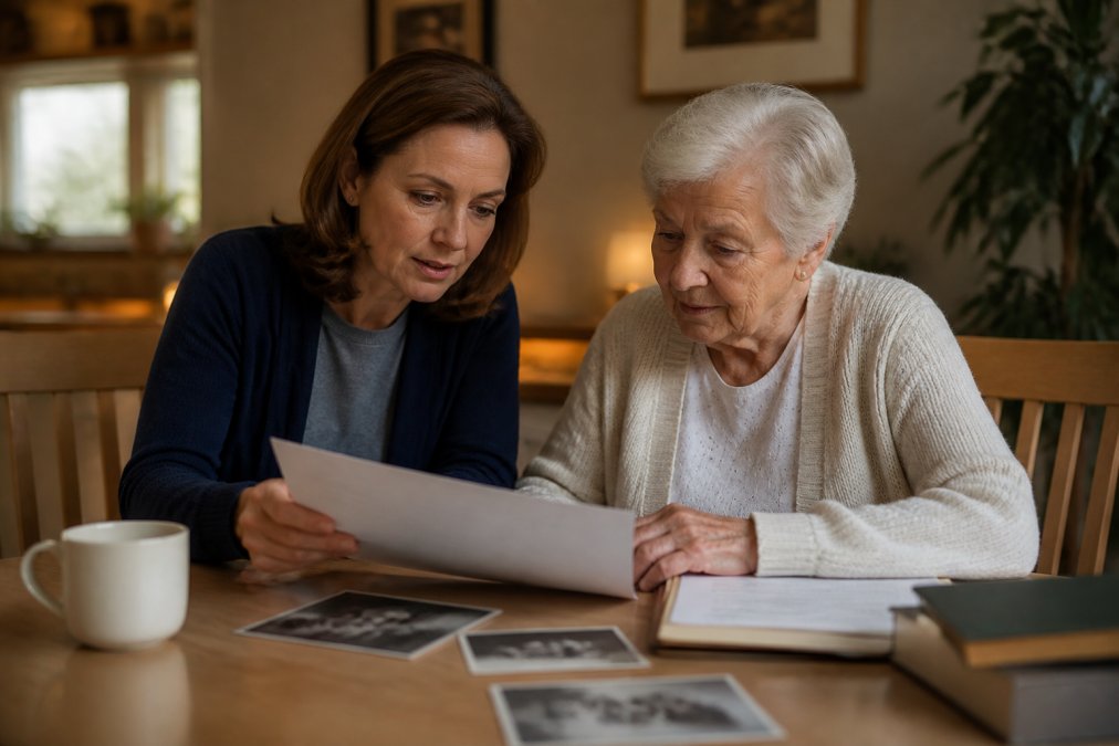 Adult child and aging parent sitting together at a table reviewing printed legacy documents and discussing their family wishes, warm lighting creating an intimate atmosphere