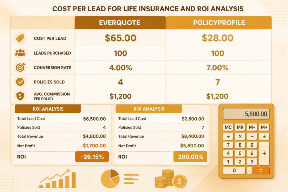 Spreadsheet showing cost-per-lead, conversion rates, and ROI calculations for EverQuote and PolicyProfile side by side; calculator visible; financial data highlighted