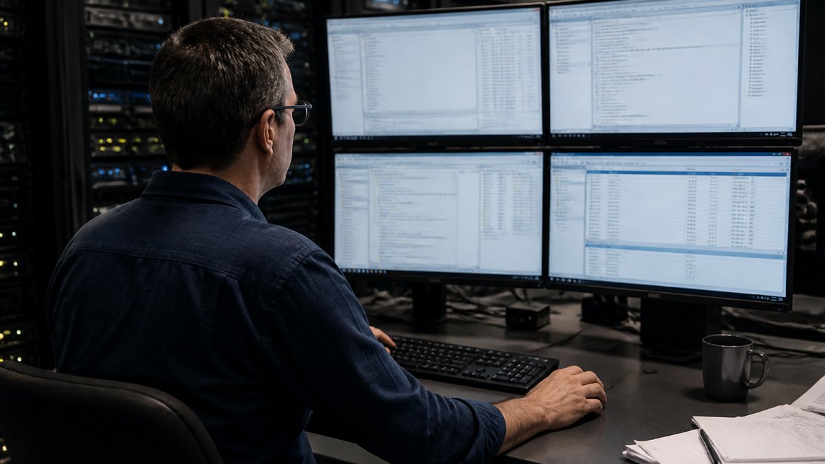 Database administrator reviewing performance metrics on multiple monitors in a server room with query results and database dashboards displayed on screens