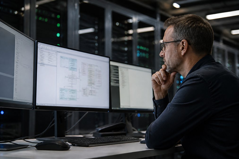 Database administrator reviewing performance metrics on multiple monitors displaying query execution plans and performance dashboards in a modern server room with soft overhead lighting