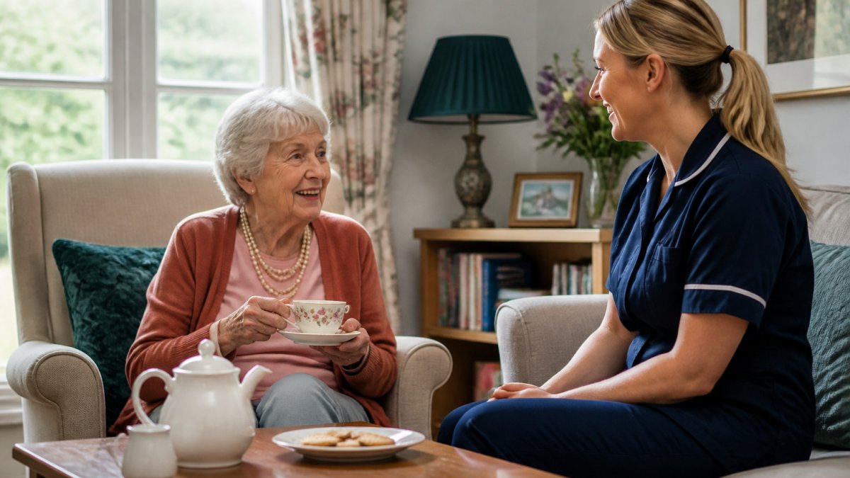 Trained carer and older adult enjoying tea in a living room as an Everycare alternative for dementia patients.