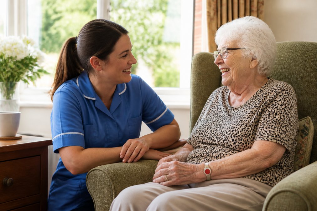 A friendly female carer in a blue uniform having a warm conversation with an elderly woman sitting in a bright living room armchair, both smiling naturally