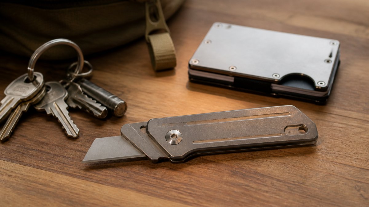 Compact CNC-machined utility knife resting on a desk next to keys and a slim metal wallet