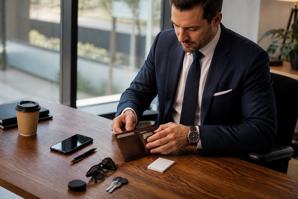 Professional man at desk with organized leather wallet, business cards, phone, and minimalist accessories neatly arranged on desktop in natural office lighting