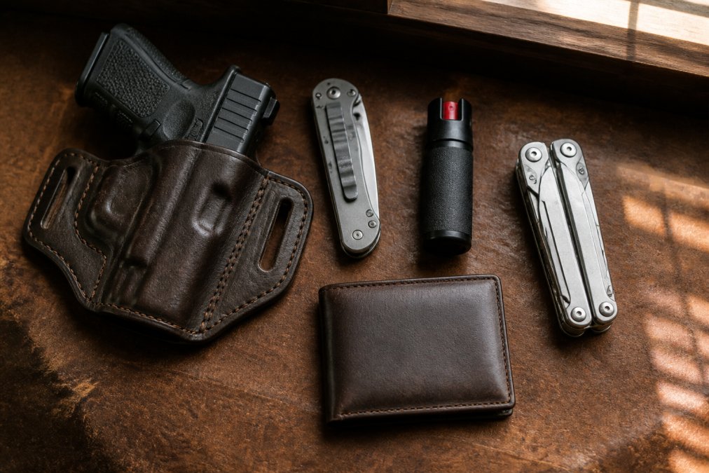 Flat lay photo of a complete everyday carry setup arranged on a worn brown leather surface: a black handgun secured in a leather IWB holster, a folding knife with a steel handle, a small pepper spray canister, a stainless multitool, and a bifold leather wallet, all lit by warm window light