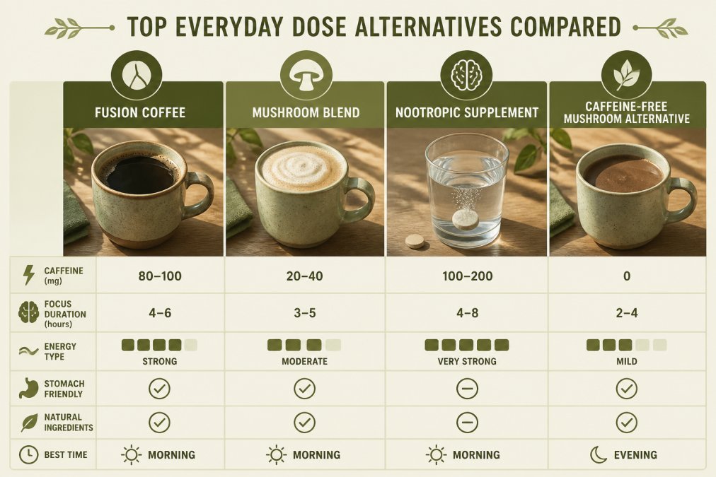 Flat lay of various morning beverages in mugs: a cup of dark fusion coffee, a mug of mushroom blend with frothy top, a nootropic supplement with water, and a caffeine-free mushroom alternative, arranged on a wooden table with natural morning light