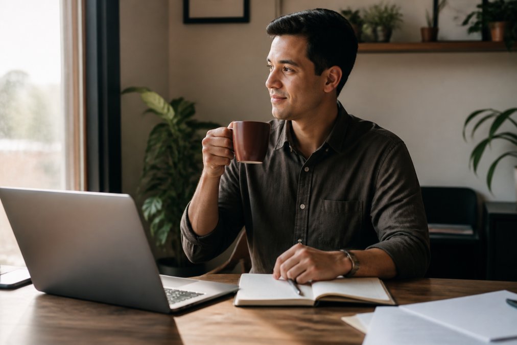 A focused professional at a desk in morning light, holding a warm mug of fusion coffee, with a notebook and laptop nearby, appearing calm and alert