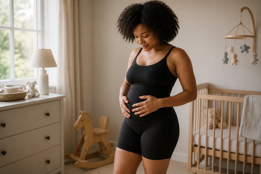 Woman wearing supportive postpartum shapewear while standing in a bright nursery with a confident smile