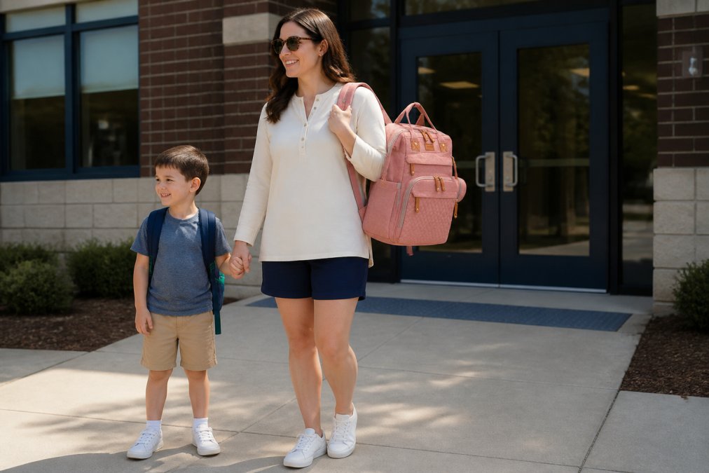 Busy mom wearing a polished cream-colored longline top with pull-on navy shorts, white walking sneakers, and a structured backpack, standing at a school entrance in morning sunlight
