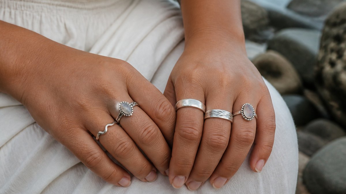 Close-up of hands displaying various sterling silver rings worn on different fingers, showing proper fit and how rings sit on the finger