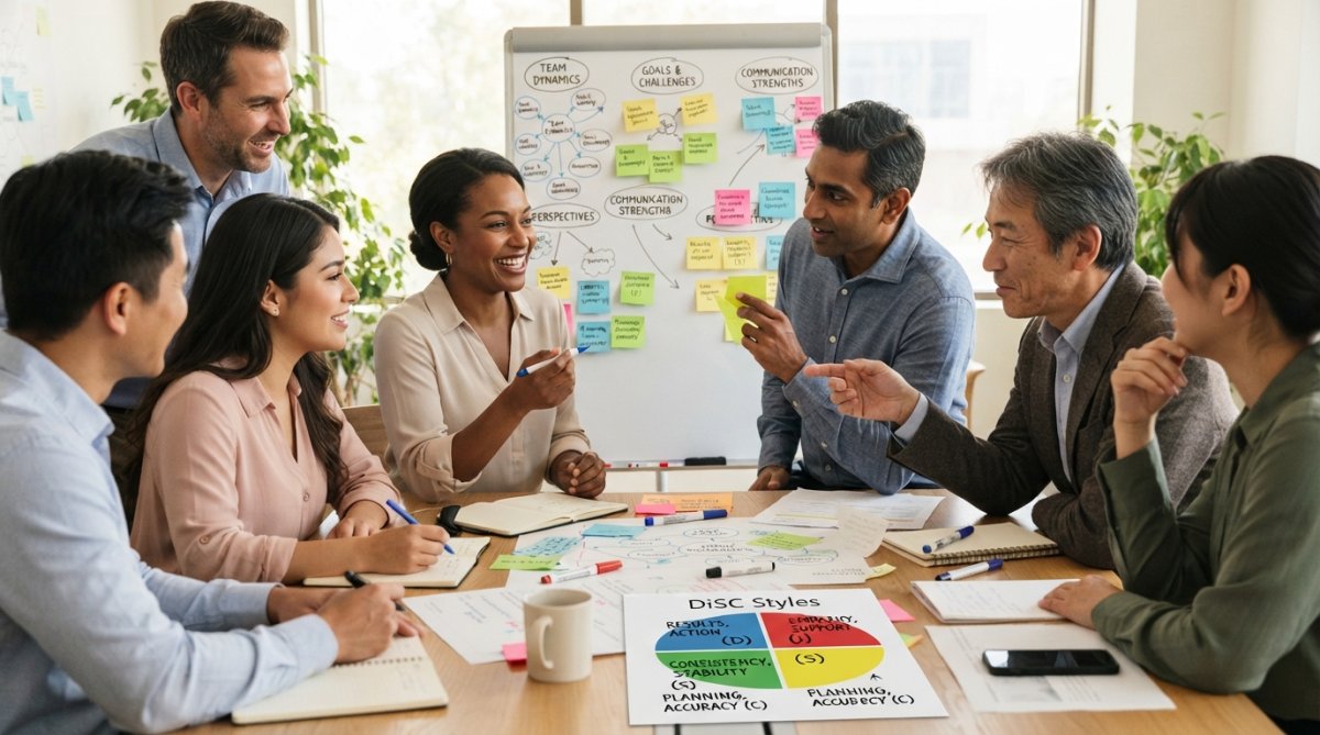 Professional illustration showing everything disc assessment for teams