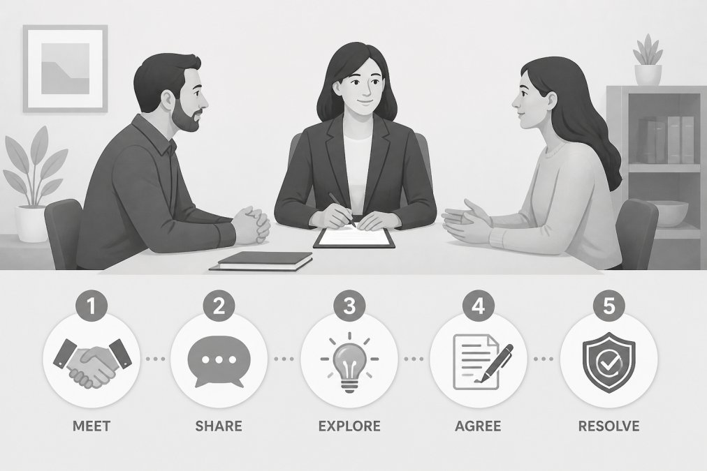 Two people sitting across from each other at a table with a mediator between them, having a calm discussion in a professional office setting with neutral lighting and minimal distractions