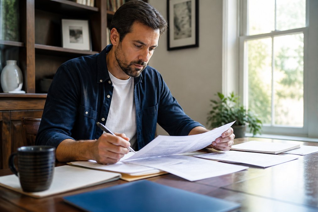A person reviewing documents and notes at a desk, organizing files and taking notes in preparation for a mediation meeting, with natural daylight from a window illuminating the workspace