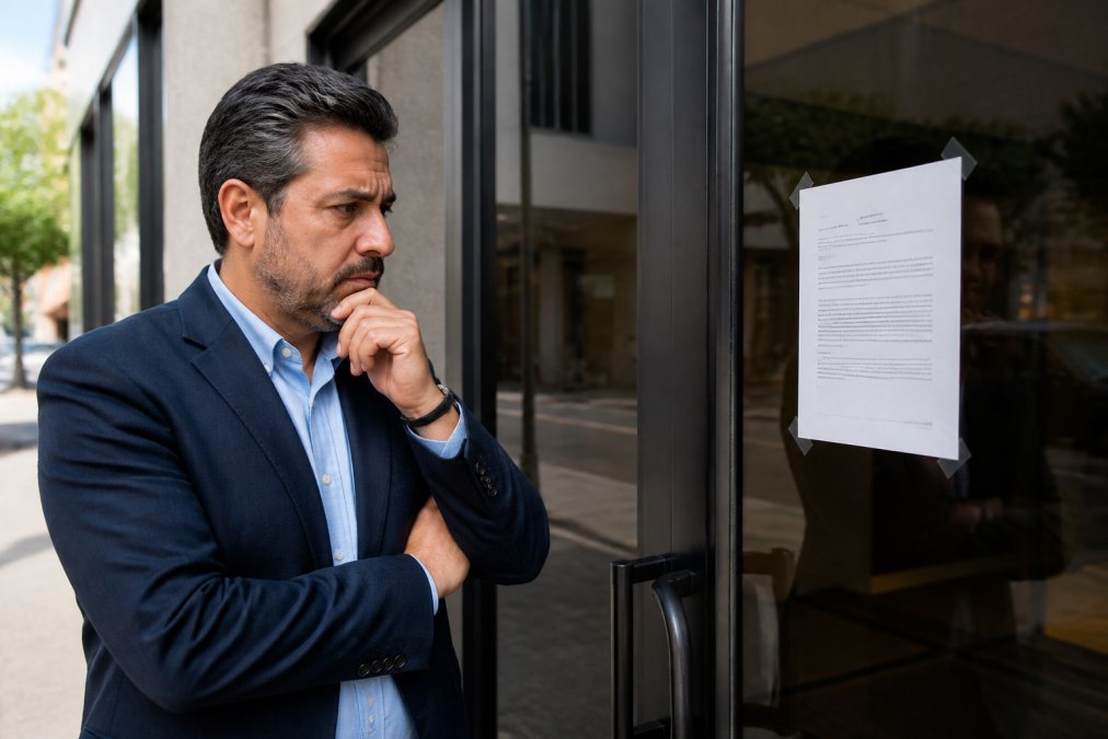 Concerned business owner reading a legal notice on a commercial building door during the eviction process for commercial