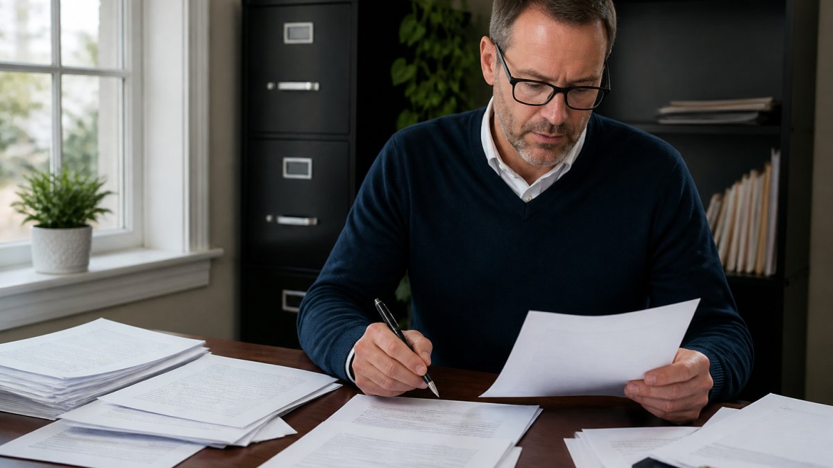 Property manager or landlord sitting at desk reviewing eviction documents and court filing papers with a pen in hand, natural office lighting
