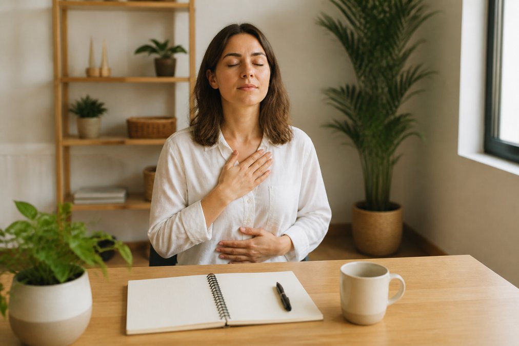 Person sitting calmly at a desk with eyes closed, hand on chest, practicing diaphragmatic breathing in a bright, quiet workspace
