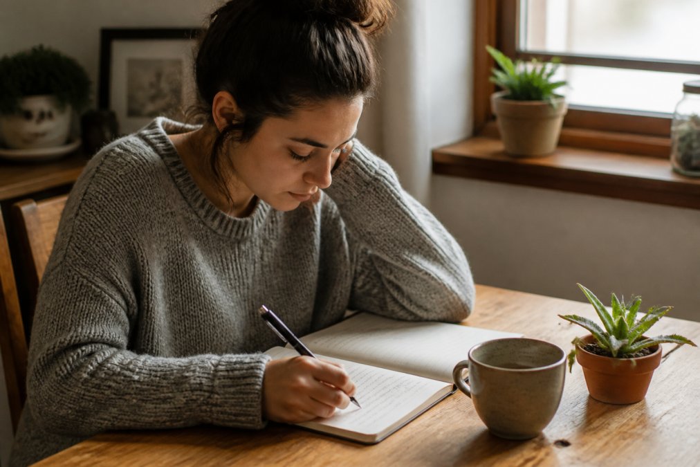 Person writing in a journal or worksheet at a table with a warm beverage, engaged in reflective thought-tracking practice