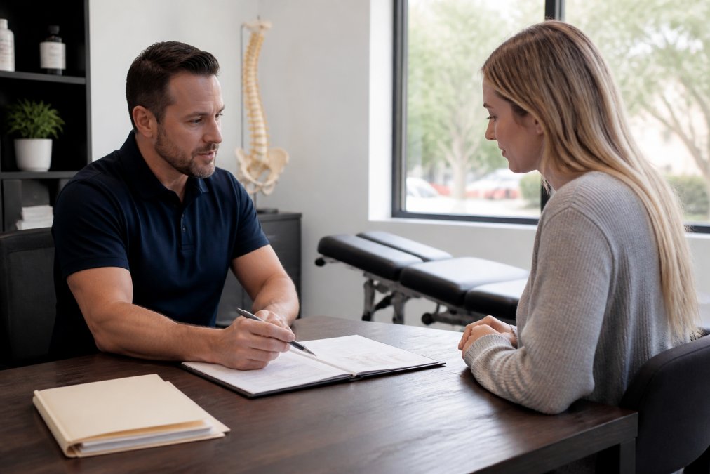 Chiropractor consulting with patient in modern clinical setting, reviewing treatment options and discussing patient concerns while seated at desk with medical records visible