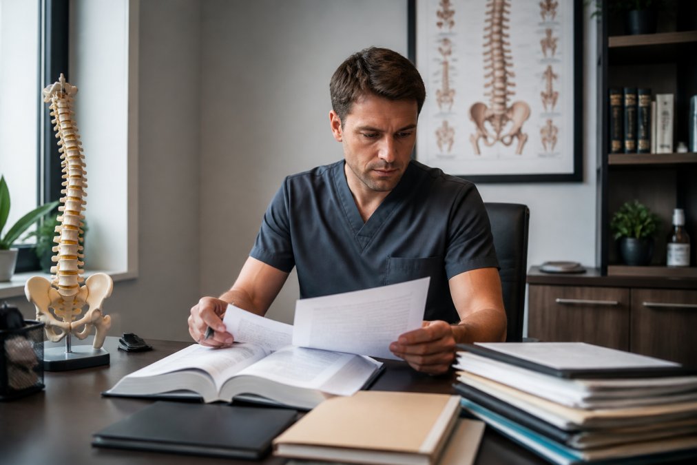 Healthcare professional reviewing medical records and research documents at desk with computer and clinical guidelines visible, demonstrating evidence-based practice standards