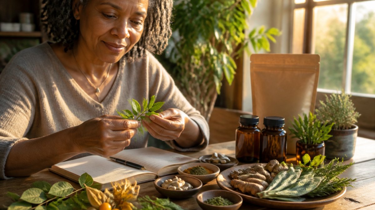 Close-up of fresh medicinal herbs including ginkgo leaves, turmeric root, sage sprigs, and ashwagandha berries arranged on a wooden surface with natural morning light