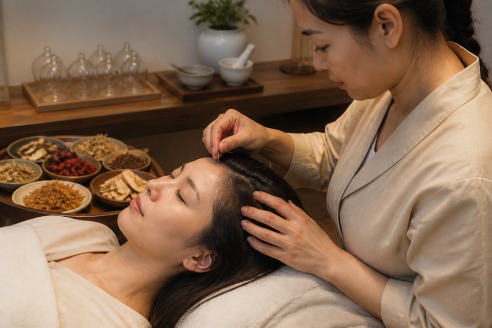 Infographic process flow showing acupuncture and herbal support for holistic hair loss treatment paths