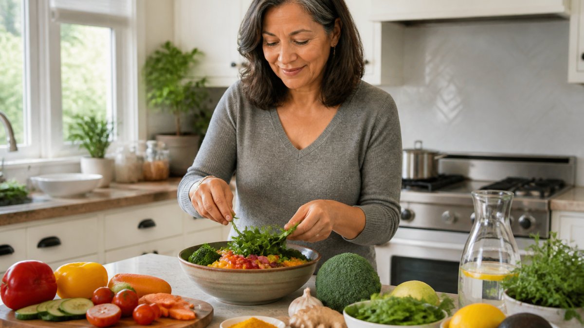 A woman in her late 40s preparing a colorful anti-inflammatory meal in a bright home kitchen, with fresh vegetables, turmeric, and a glass of water on the counter