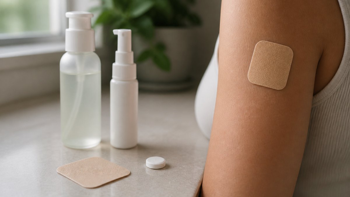 Close-up of various HRT delivery methods arranged on neutral surface, a beige patch on skin, a small white tablet, a clear gel bottle, and a spray applicator, with natural window lighting