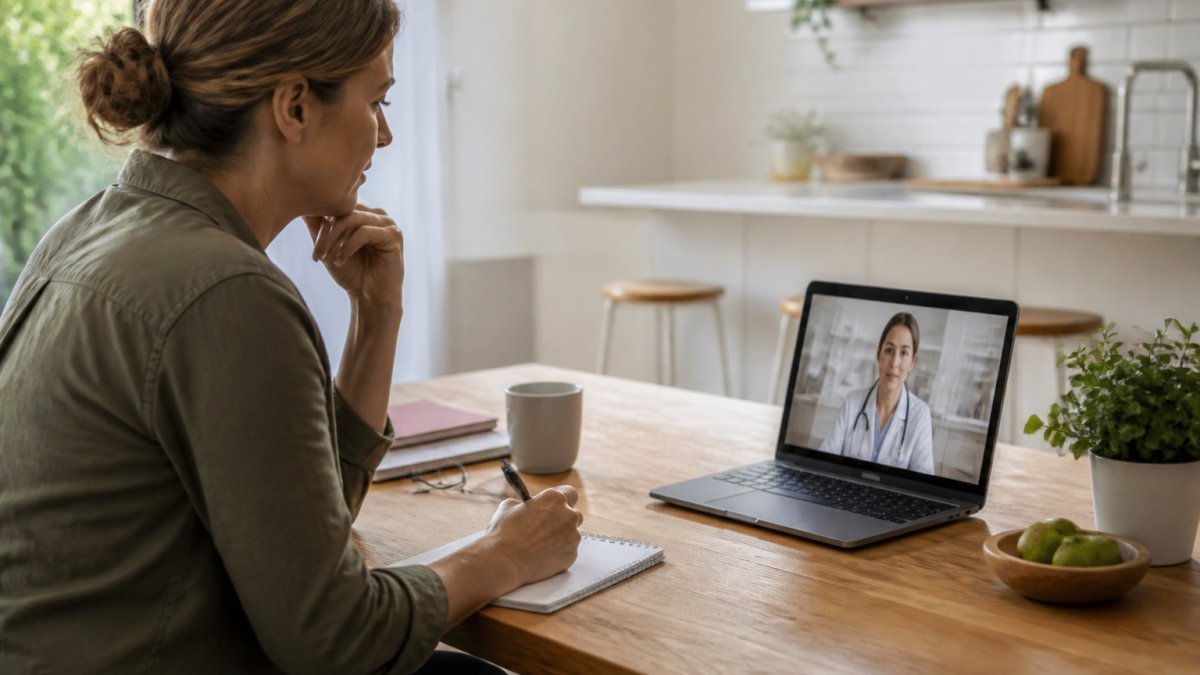 A woman in her forties sitting at a kitchen table with a notepad and laptop, preparing questions before a telehealth video call with a doctor on screen